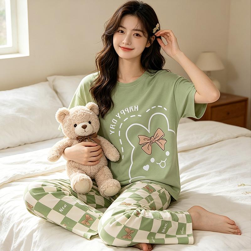 Plaid Cartoon Pajamas Women's Summer Vitality Girl Round Neck Short-sleeved Trousers Suit Casual Can Be Worn Outside Loungewear