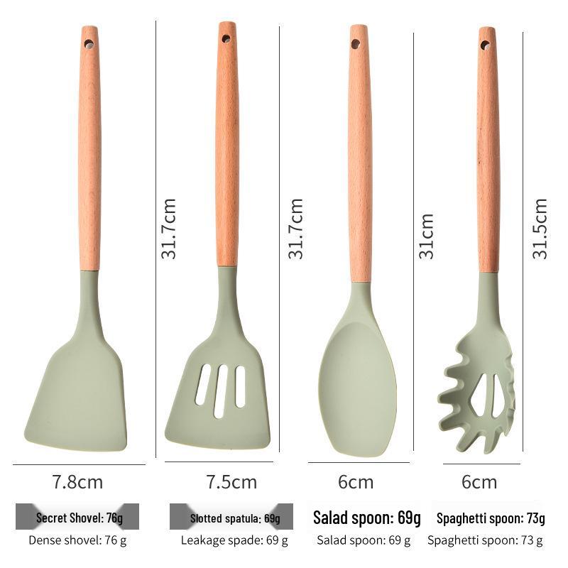 12-teiliges Silikon-Küchenutensilien-Set mit Holzgriffen und Aufbewahrung