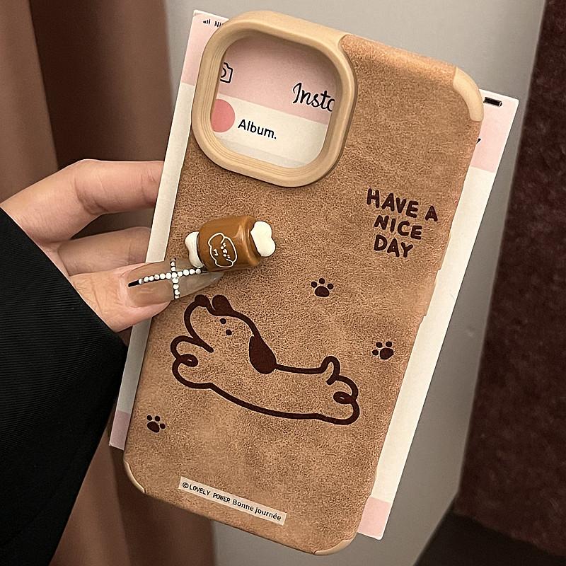 Three-dimensional Puppy for Apple 16 Promax Mobile Phone Case for IPhone 15 New Model 14 Brown Leather 13/12