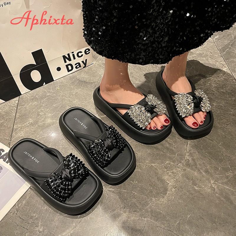 Aphixta Neue Damen Kristall Keilsandalen Slip-On Plateau Schuhe mit Dickem Absatz Sommer Pantoletten Lässig Bequem Strand Schuhe