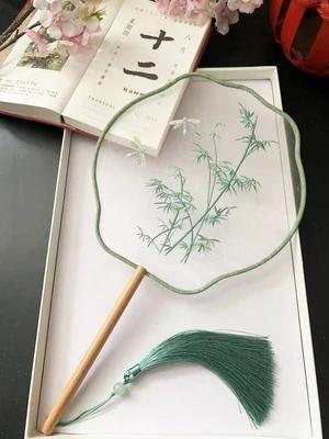 Chinese Traditional Art Embroidery Wooden Hand Fan, Classical, Ancient Dance Costume, Han Fu Cheongsam with Long Handle, Tasse