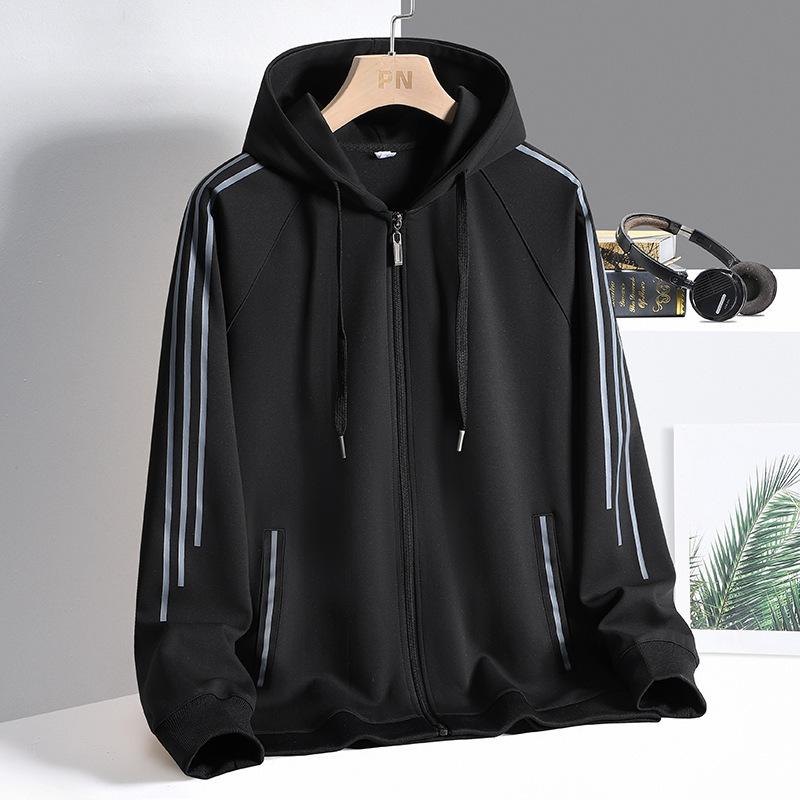

New Spring and Autumn Casual Trendy Cardigan Hooded Jacket Men Loose Three-bar Sports Jacket Men 5XL