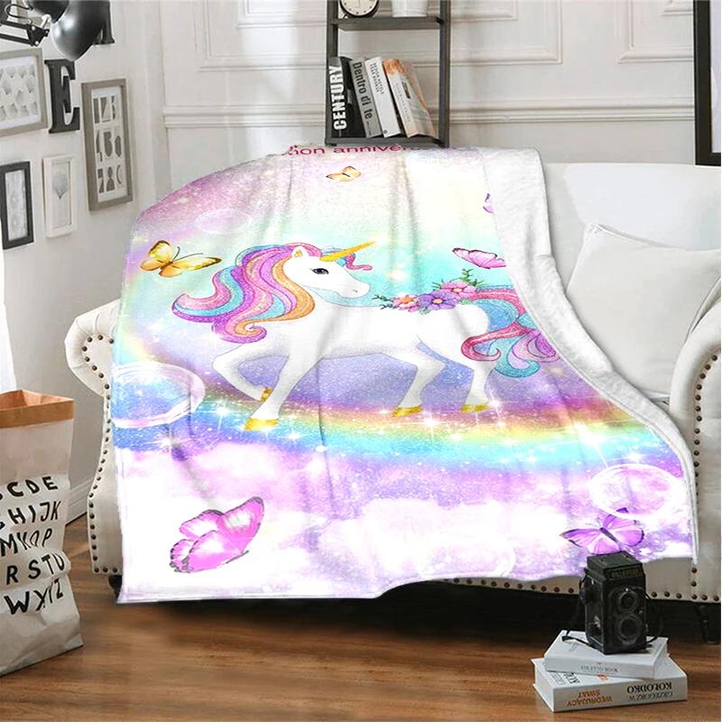 3D cartoon fantasy unicorn warm and soft linen blanket cover suitable for living room, bedroom, bed, sofa, hiking, leisure