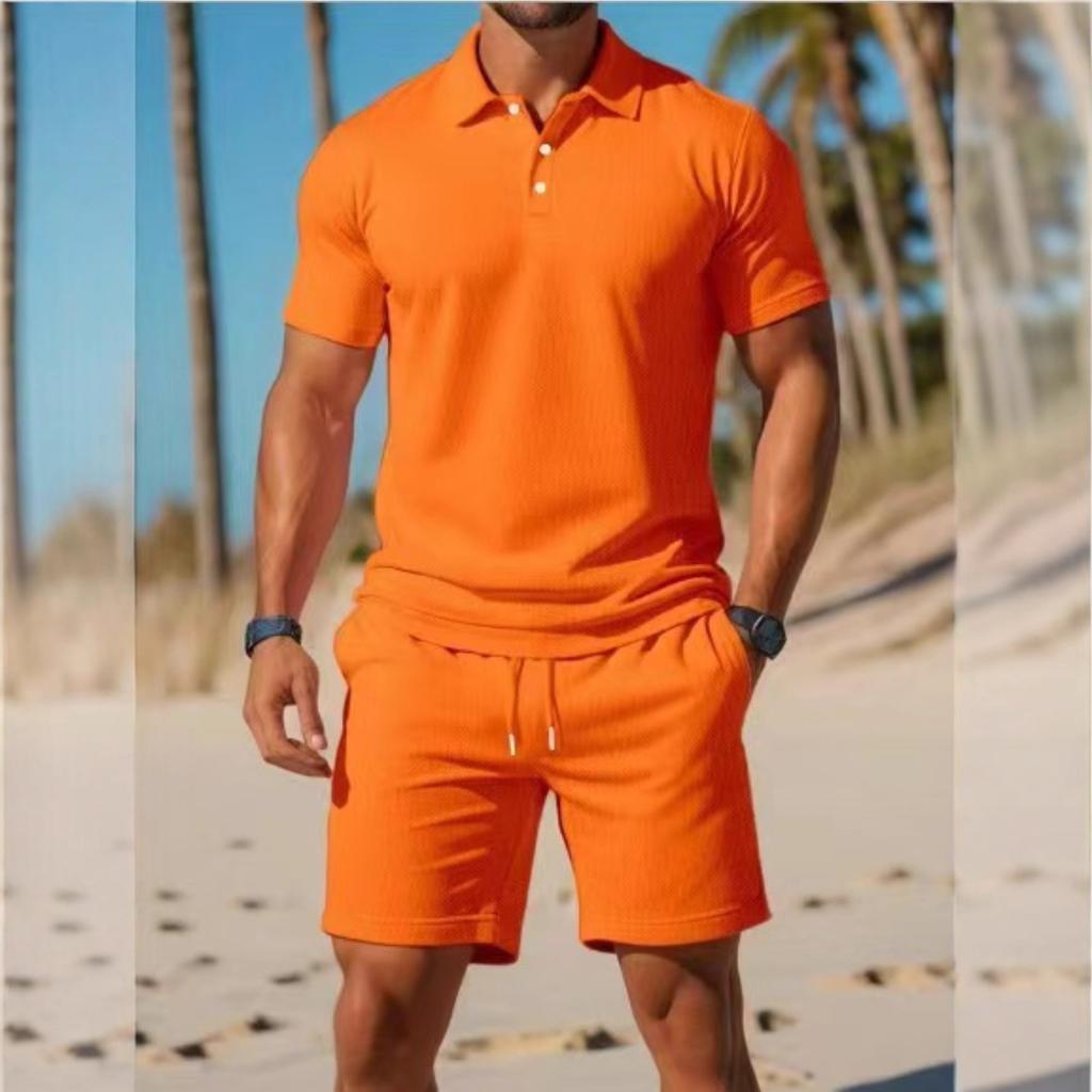 Herren Sommer-Zweiteiler Einfarbiges Kurzarm-Polohemd Shorts mit Kordelzug und elastischem Bund Lässiges Strand-Geh-Trainingsanzug-Set