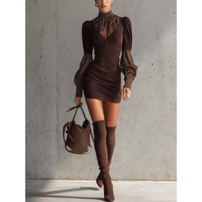 2025 Autumn/Winter European Brown Suede High Neck Polka Dot Patchwork Bodycon Dress L кофейно-коричневый