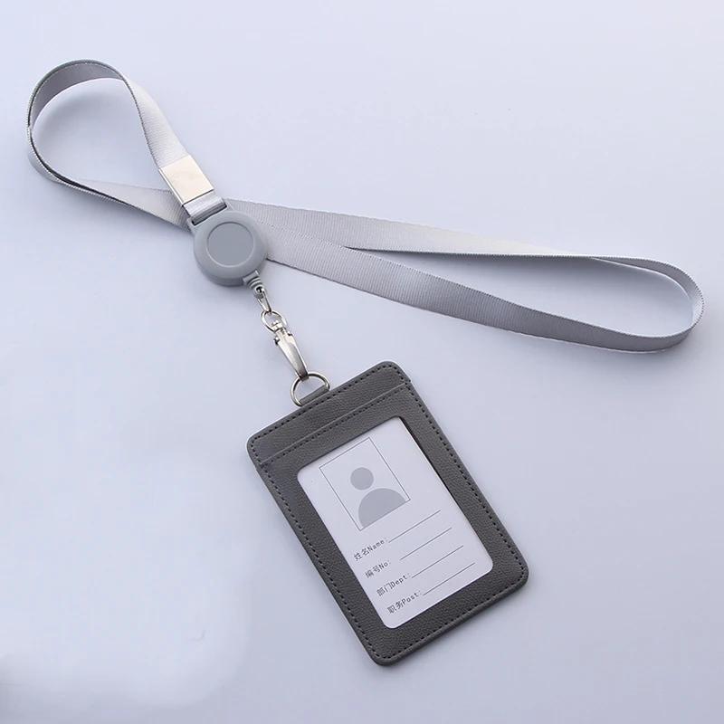 Retractable Lanyards ID Badge Holder Leather Bank Bus Pass Card Case Cover Men Women's Bank Credit Card Holder Strap Cardholder