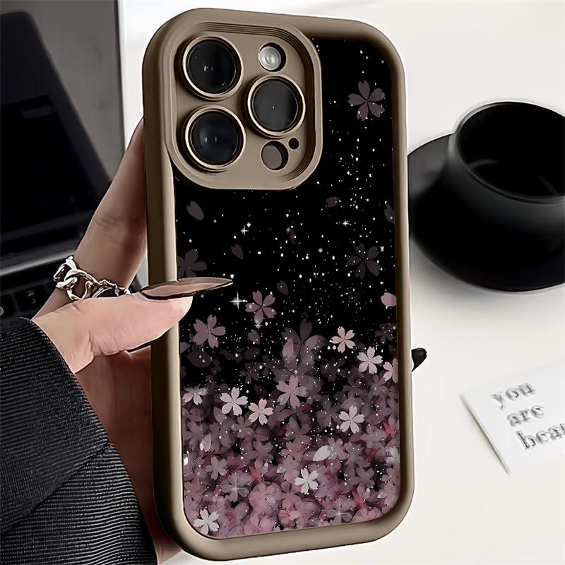 For iPhone 16 Plus 15 14 Pro Max 13 12 Pro 11 XS XR 8 7 Phone Cover Gradient Cherry Blossom Shockproof Lens Protection TPU Soft Case