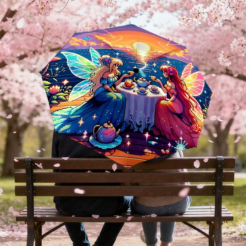 Enchanted Fairy Tea Party Umbrella: A Magical Companion for Outdoor Adventures, Automatically Opens/Closes, Lightweight and Durable,
