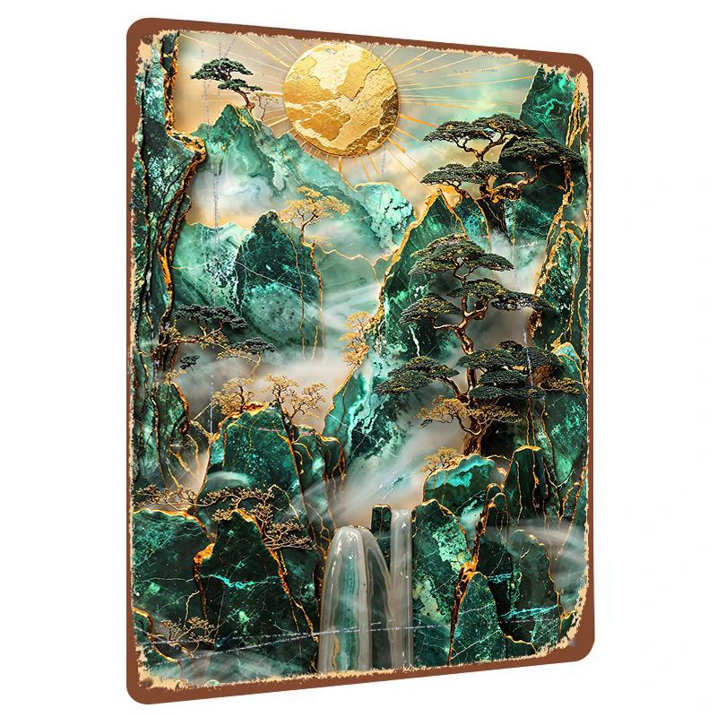 

Chinese Style Emerald Green Landscape Gold Relief Metal Painting Zen Wall Art for Living Room Decor 20x30cm（7.8x11.8inch）