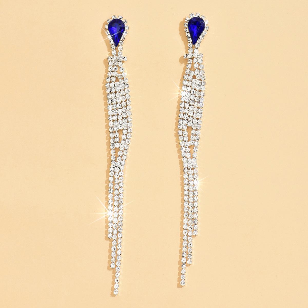 

Элегантные серьги-капли со стразами с кисточкой из цепочки с когтями - Универсальные, Роскошные и Шикарные Ювелирные Изделия Высокого Класса. синий