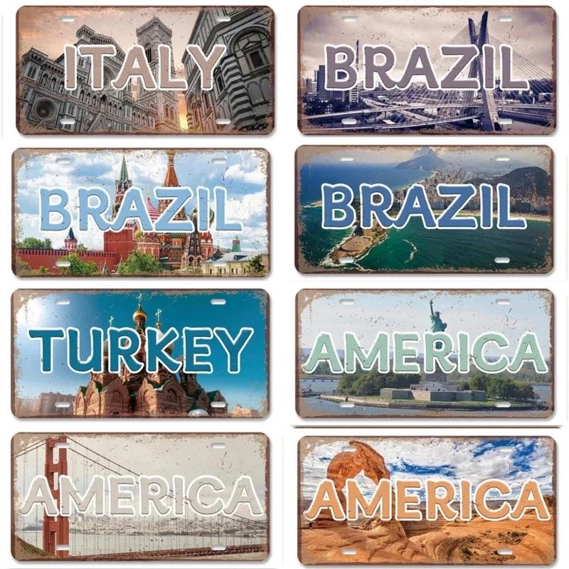 Vintage Metal Tin Signs Decors Country Capital City License Plate Retro America France Brazil Turkey Metal Posters Cafe Club Bar