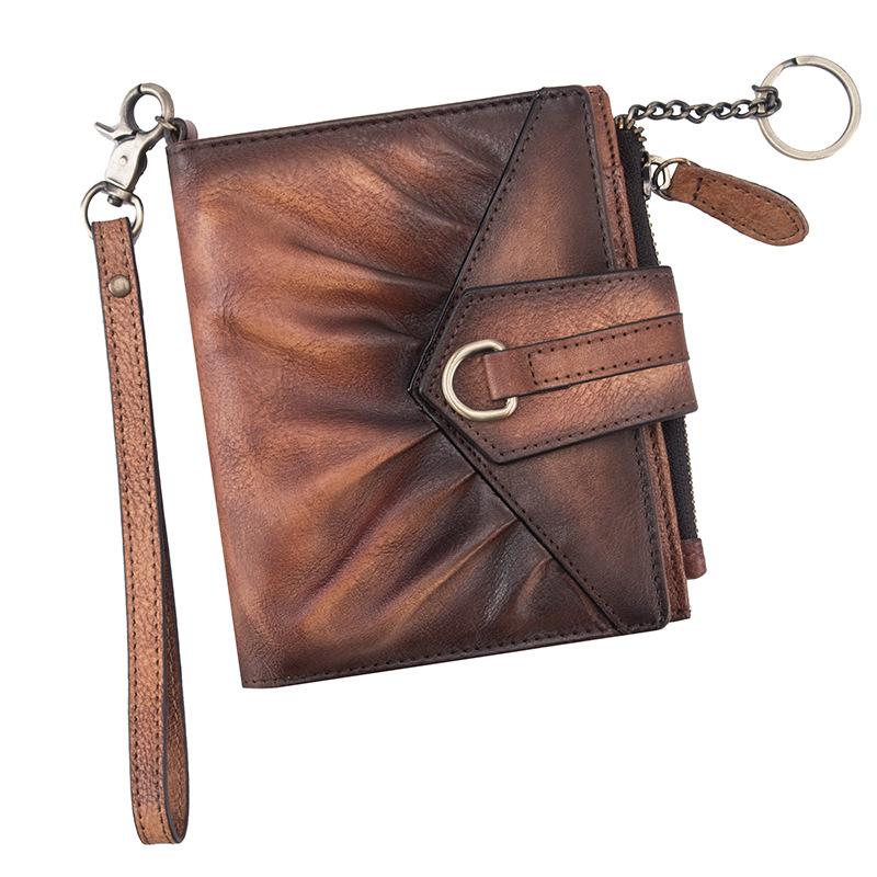 New Women's Wallet Retro Short Casual Leather Wallet with Top Layer Cowhide Buckle Retro Women's European and American Wallet