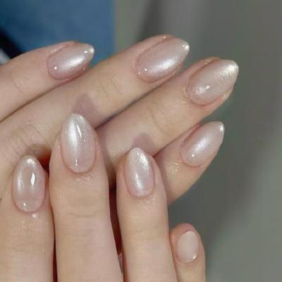 Press On Nail Short Almond Fake Nail with Cats Eye Designs Glitters Glues On Nail Glossy False Nail Artificial Nail
