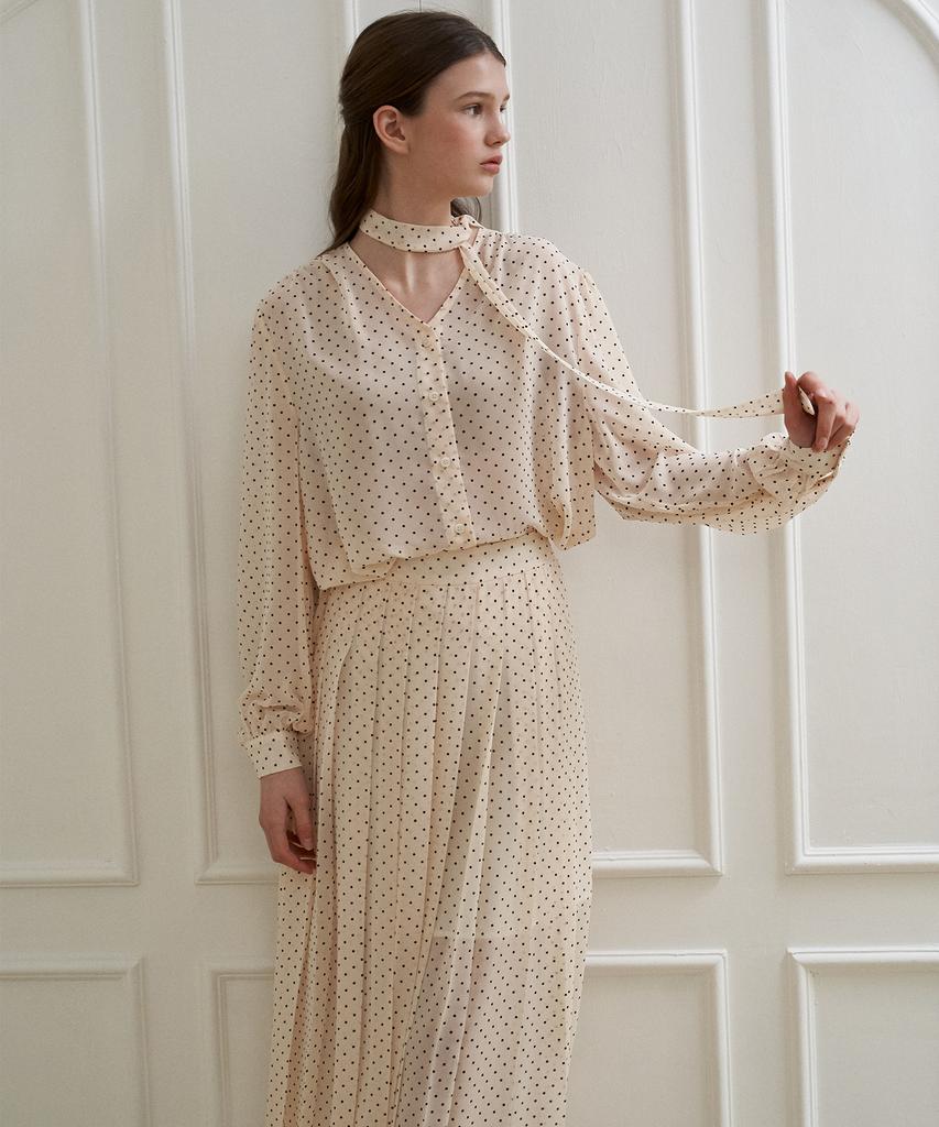 Peullobeu River Pleats Skirt(Ivory-Dot)