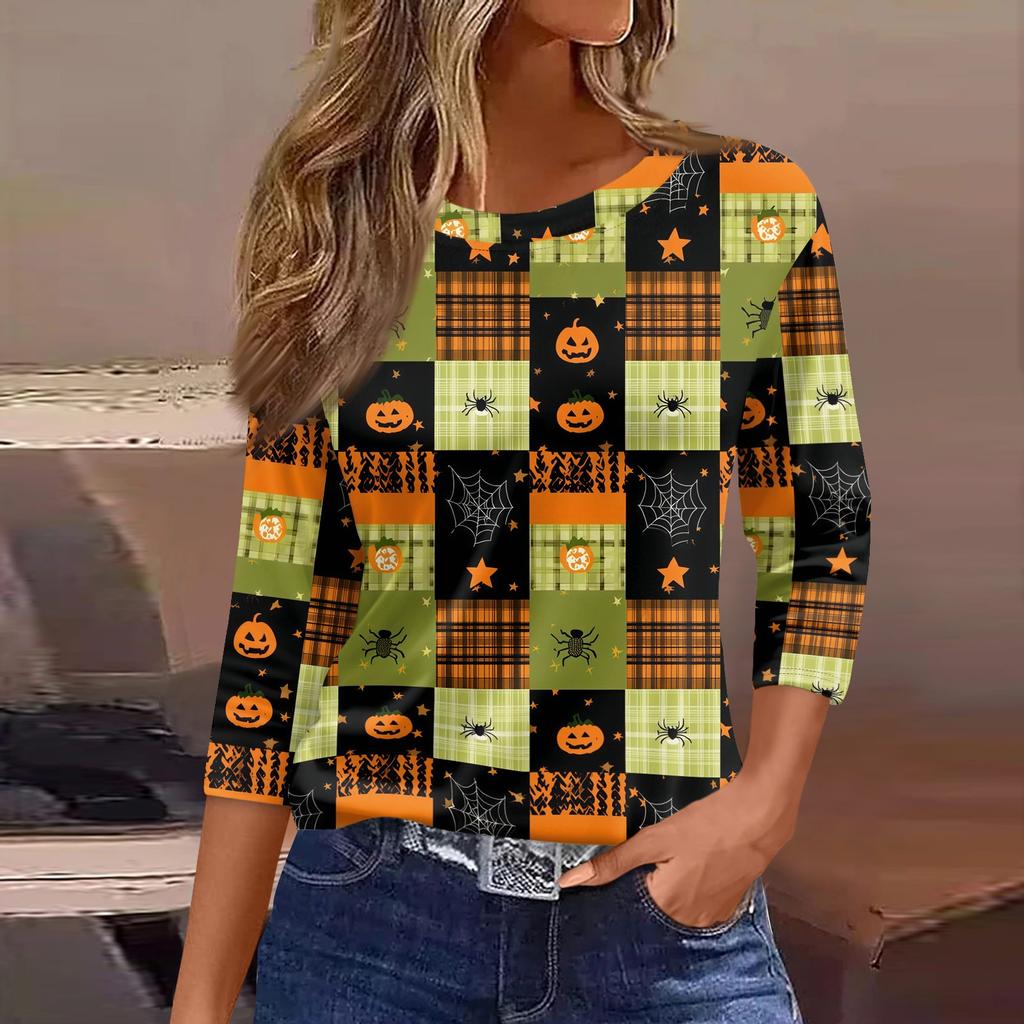 Women's 3/4 Sleeve Casual Loose Fit Round Neck Shirt Halloween Pumpkin Print T-Shirt Comfortable Lightweight Top for Everyday Wear