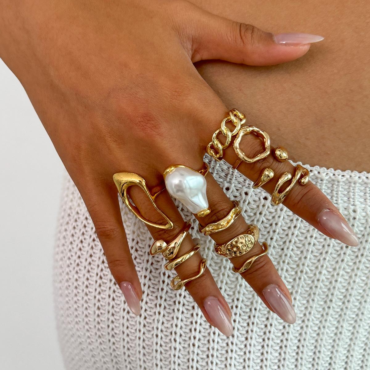

Gold Color Baroque Pearl Geometric Open Rings Set for Women Minimal Design Metal Irregular Lines Adjustable Ring Charms Zircon