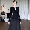 Elegant Plus Size Black Long Sleeve Chinese Style Curvy Dress with Waist-Cinched Bud Skirt - Autumn Collection