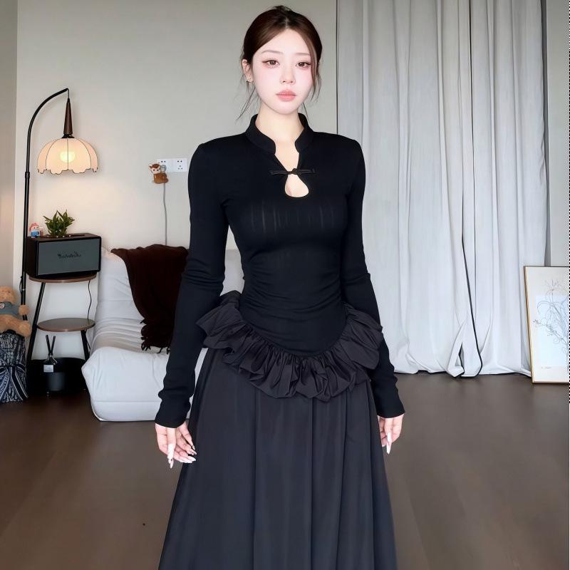 Elegant Plus Size Black Long Sleeve Chinese Style Curvy Dress with Waist-Cinched Bud Skirt - Autumn Collection