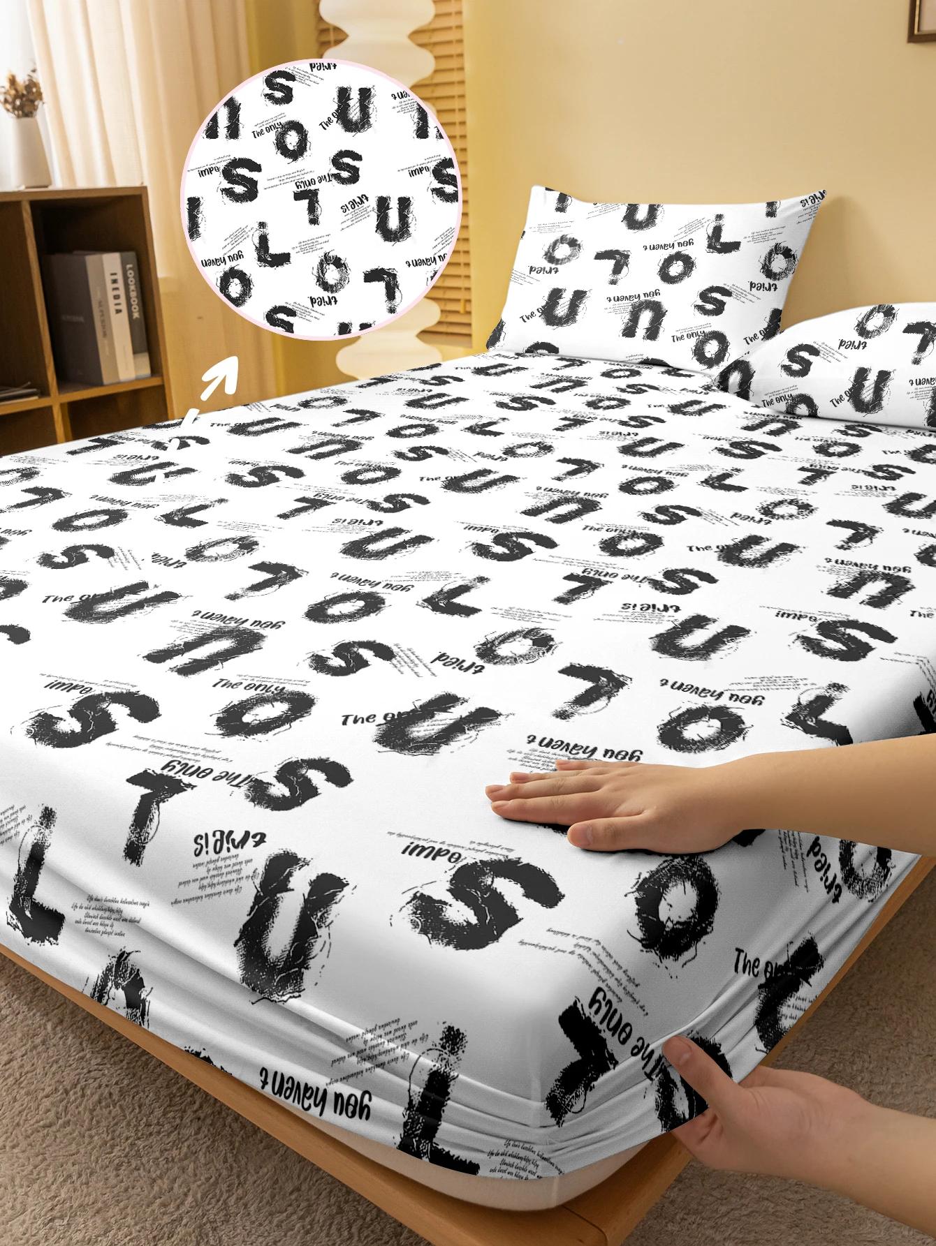 

1 Simple Modern Letter Geometry Printed Matte Fitted Sheet, Bedroom Printed Bed Cover, Bedding (Excluding Pillowcases) 71x132cm