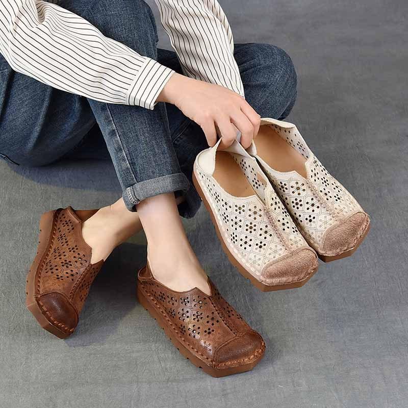 Johnature Hollow-out Breathable Flat Sandals Retro Genuine Leather Soft Soled Women's Slip-on Shoes