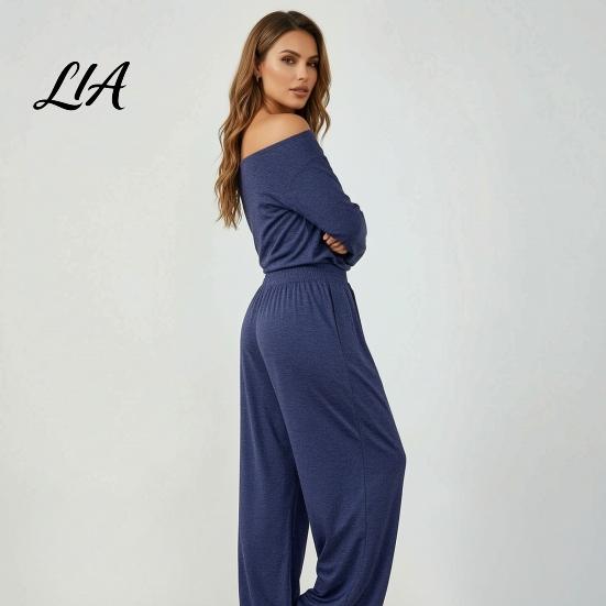 Solid Color Matching Sets Women Sweatshirt Pants 2-Piece Set, Off Shoulder Long Sleeve Top & Lounge Set Wide Leg Trousers, for Spring Autumn Two