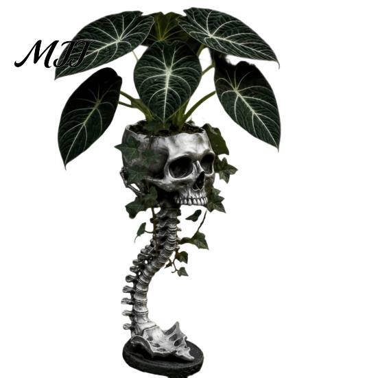 Dark Aesthetic Sculpture Gothic Skull Spine Planter, Resin Skeleton Planter Pot, Horror Halloween Indoor Outdoor Statue Flower Vase, Spooky Home Decor