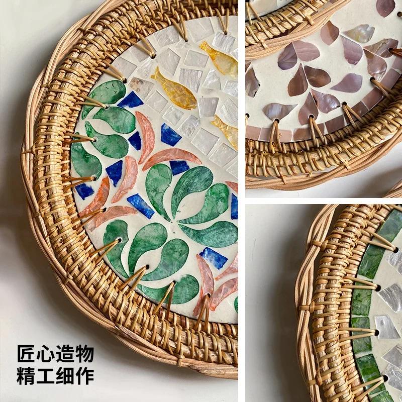 24cm Rattan Shell Fruit Plate Round Creative Color Storage Tray Home Bread Fruit Salad Snack Plate Kitchen Living Room Decor
