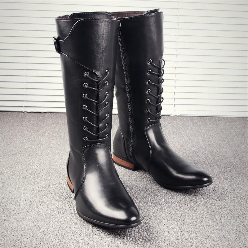 

Корейская версия модных высоких кожаных ботинок мужские длинные ботинки на шнуровке из денима с острым носком кос сценическое выступление молния ботинки Мартин 44 чёрный