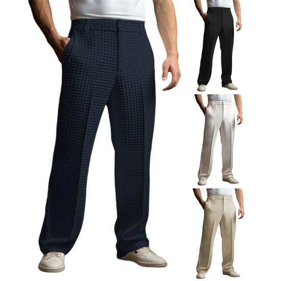 Men Waffle Dress Pants Casual Business Suit Trousers Wide Leg Trousers with Belt Loop for Office Dating Vacation Daily Wear