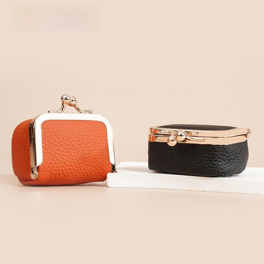 Solid Color Kiss Lock Coin Purse Genuine Leather Small Item Bag Leather Jewelry Bag  Earrings