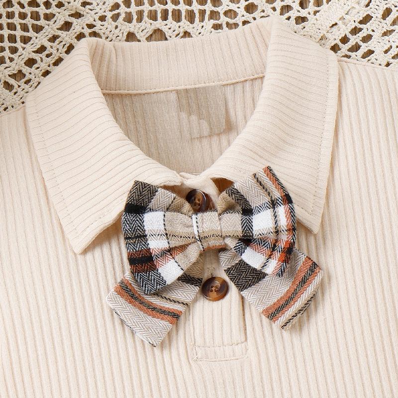 Sweet Girl's Spring/Summer Children's Lapel Bow Short-sleeved Top and Checkered Short Skirt Uniform Set