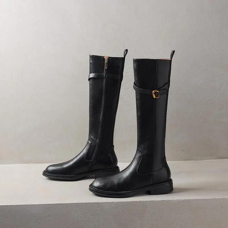 NEW Pot Cow Skin Round Toe Thick Low Heels Riding Boots British School Zipper High Street Fashion Luxury Thigh High Boots