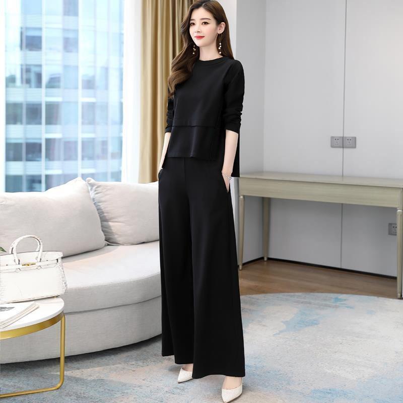 Women's Spring Fall Wide Leg Pants Set – Youthful Slimming Two Piece Tunic Top and Trousers Outfit