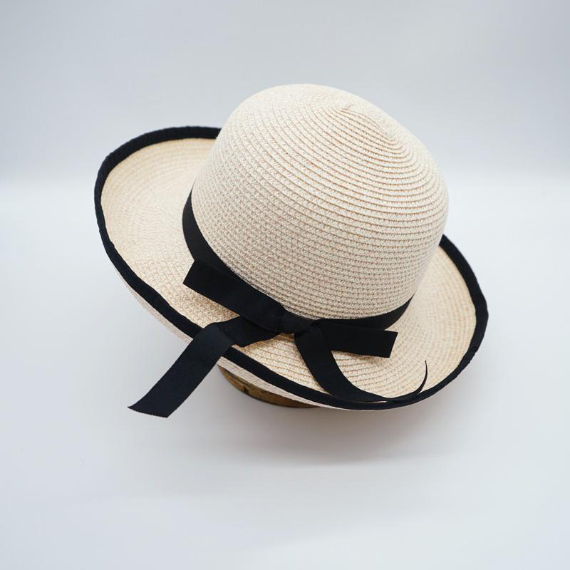 Small Fresh Bow Beige Curled Edge Small Straw Hat Women'S Summer Sunshade Sunscreen Vacation Beach Sun Hat Tide