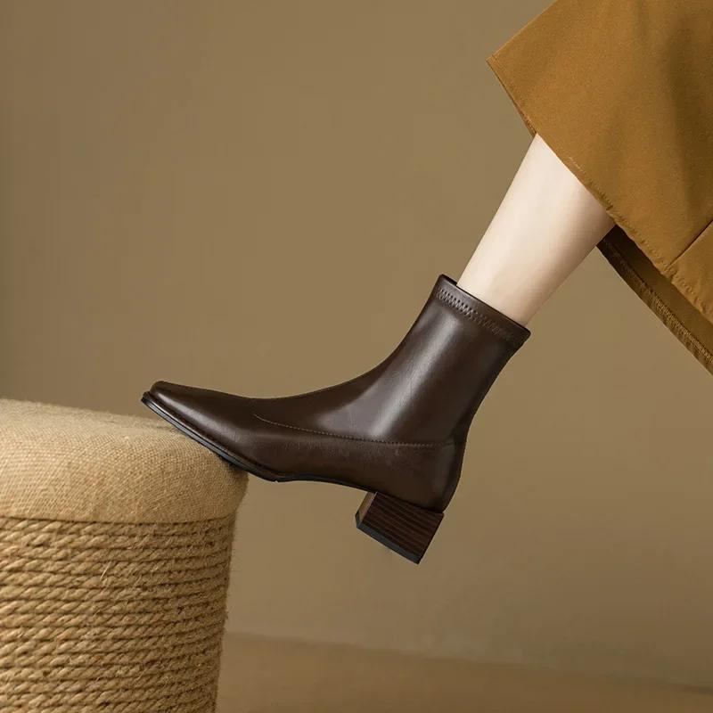 Square Toe Women Ankle Boots Thick Mid Heels Black Brown Back Zipper Dress Short Boots Autumn Winter Casual Botines for Woman