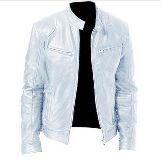 

2024 Men s Stand-Up Collar Leather Jacket: Trendy Spring/Autumn Motorcycle Coat M білий