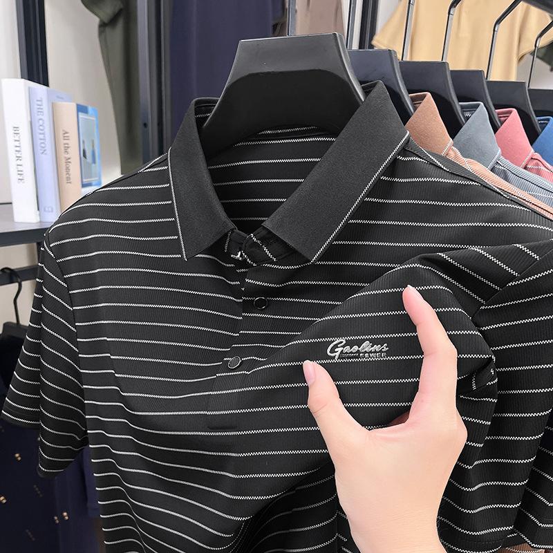 

Мужская рубашка поло с короткими рукавами и полосатыми лацканами, синяя деловая футболка, не раздражающая кожу 4XL