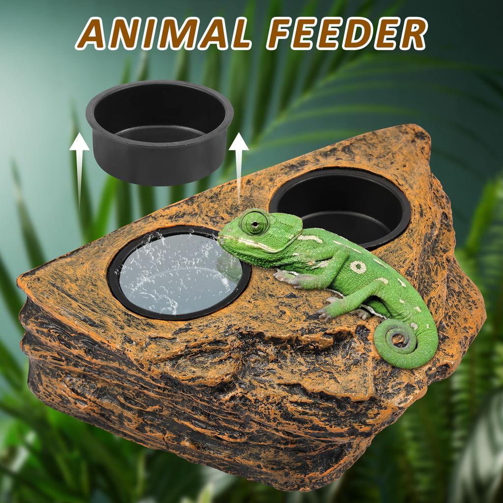 Hanging Reptile Feeding Bowl Plastic Reptile Food Water Dish Double Bowl Imitation Rock Magnetic Feeder Ledge for Lizard Gecko