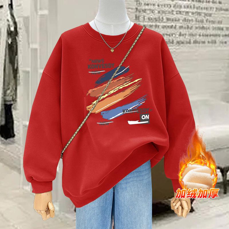Fashion printing round neck velvet thickened pullover 2025 autumn and winter new popular foreign style age-reducing sweater women