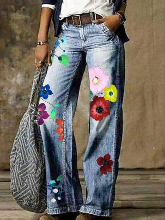 Europäische und amerikanische Übergröße Damen Casual Weitbein Imitationsjeans