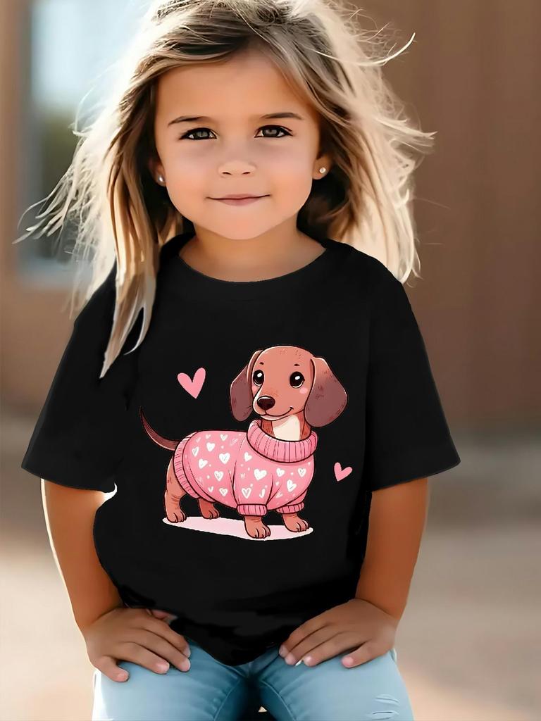 2026 Fashion Pure Cotton Girls TShirt Cute Printed Round Neck Top HeartShaped Dachshund Sports ShortSleeve Breathable Top