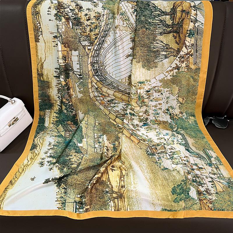 Qingming Shanghetu Long Towel Sunscreen Versatile Printing Imitation Silk Scarf Women's Long Silk Scarf Beach Towel