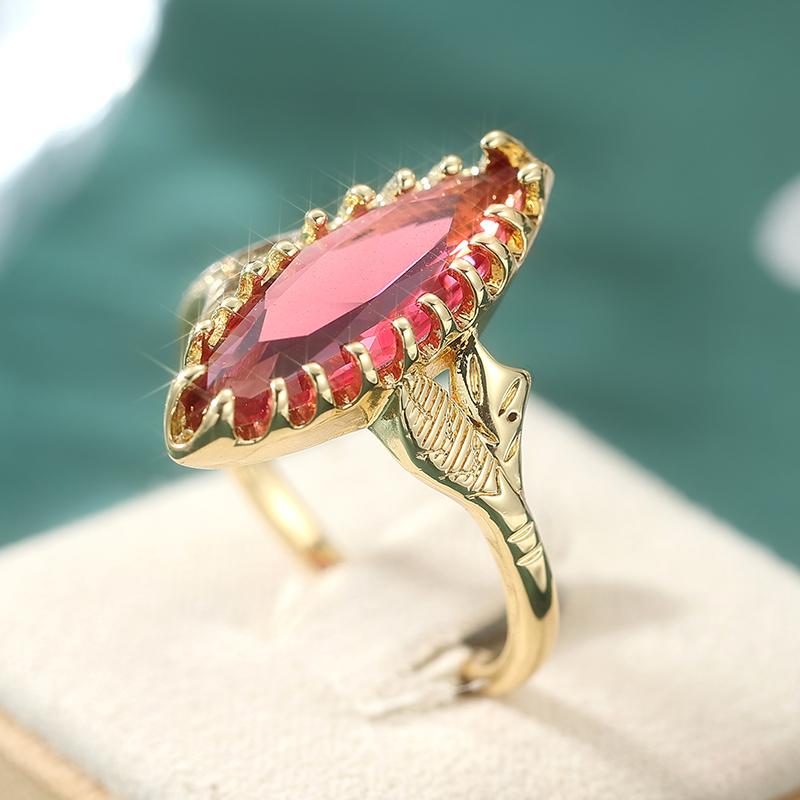 Vintage Inlaid Red CZ Women's Ring Ethnic Gold Color Hand Carving Daily Wear Party Jewelry Anniversary Gift