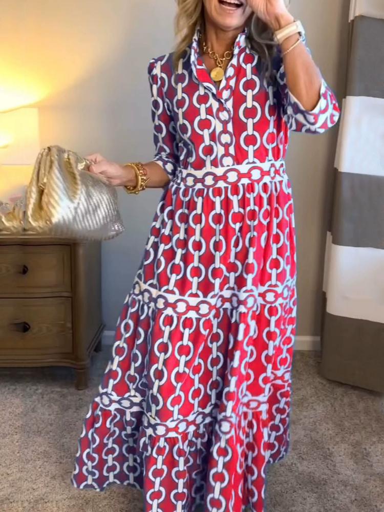 

Жіноча максі-сукня з довгим рукавом та ланцюговим принтом, елегантна вечірня сукня для вечірки із золотими акцентами 5XL червоний