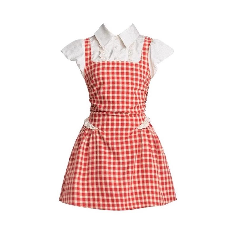 Collegiate Style Fake Two-piece Plaid Suspender Dress for Women Summer New Casual Small A-line Skirt