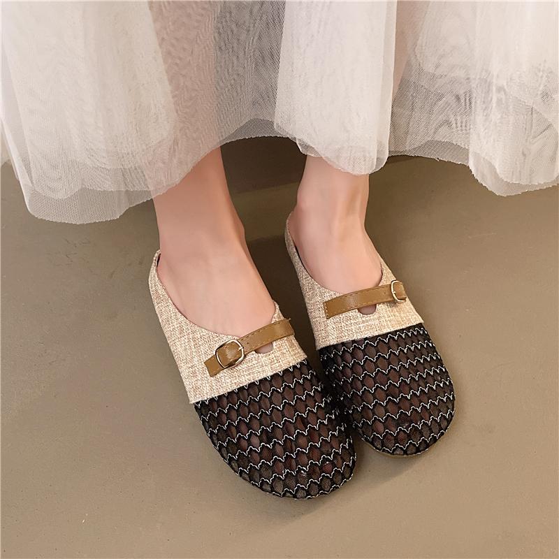 Fashion Round Head Breathable Non-slip Line Button Mary Jane Fishnet Shoes Ladies Shoes Cheap Fashion Flat Sandals New Summer