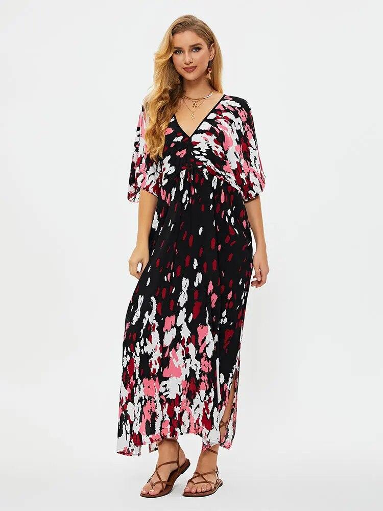 EDOLYNSA Ležérní Výstřih do V Krátký rukáv Třásně Dlouhé šaty Tunika Dámské Letní Oblečení Plážové Oblečení Plavky Zakrytí Q1498