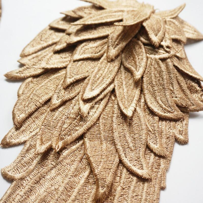 1Pair Gold Brown Embroidery Angel Wing Applique Sewing Flower Collar Patch for Wedding Party Gown Bridal Dress Clothes DIY Crafts