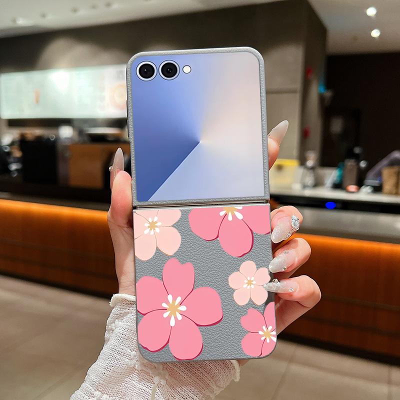 Fresh Style Cherry Blossom Pattern Case For Samsung Z Flip 7 6 5 4 Leather Texture Folding Fhone Cover For Galaxy Z Flip7 Flip6 Flip5