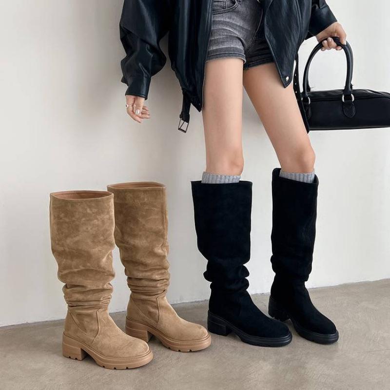 New Versatile and Comfortable Thick-soled Martin Boots Solid Color Thick-legged Big Tube Circumferential Leather Boots Leather Round Head High-heeled